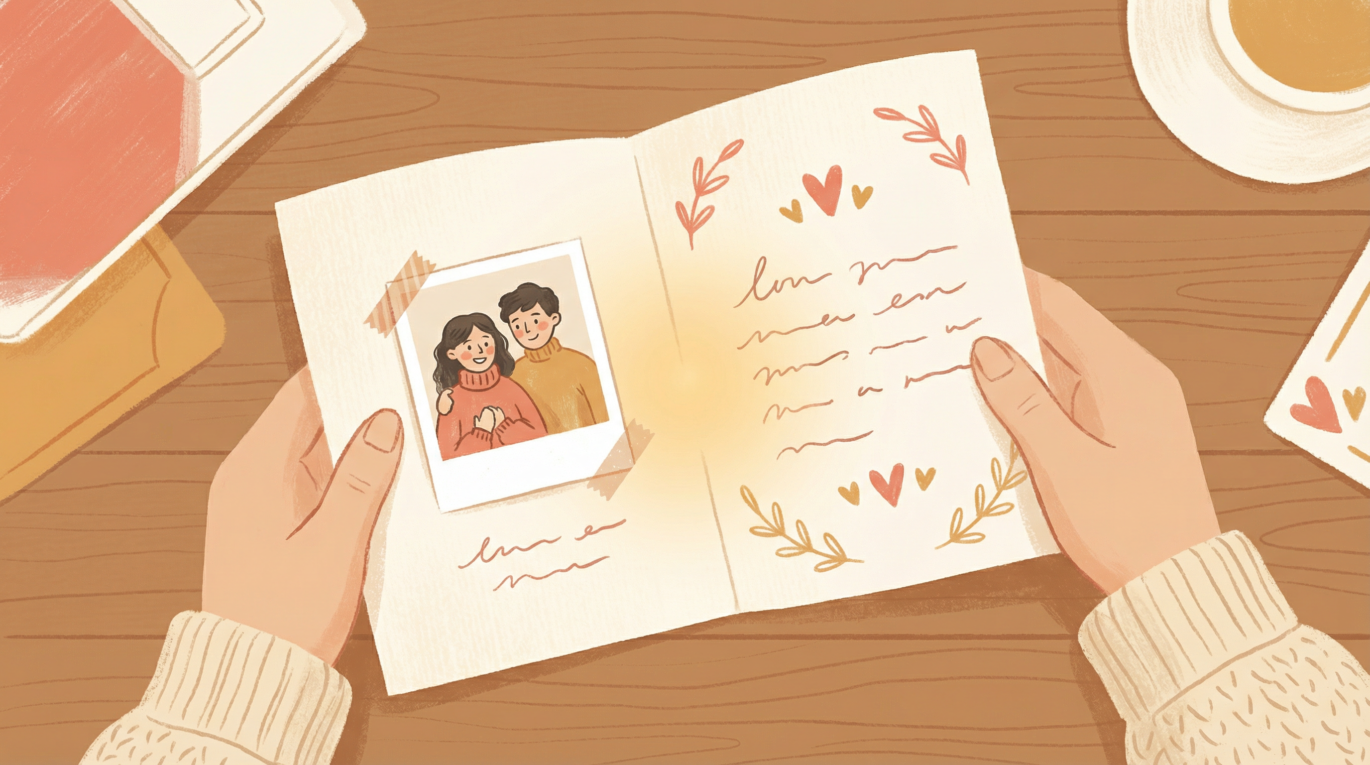 A personalized greeting card being opened, revealing photos and handwritten messages inside