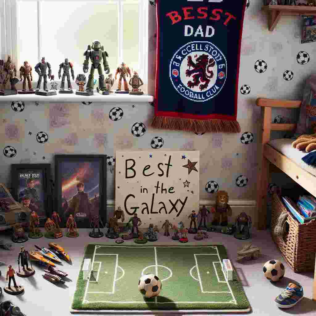 Illustrate a picture in observance of Father's Day that presents a heartwarming corner of a child's bedroom filled with items that signify fatherly affection, even though a father figure is not present. At the core of the room is a small-scale football field rug with a toy football on it, and a crest reminiscent of a prominent UK football club. Above, on the shelves, there is a group of figurines from a popular space-themed movie series arranged in readiness for combat, with a handmade card in the front, saying 'Best Dad in the Galaxy' in a style similar to the font and symbols from the movie series. The wallpaper is subtly ornamented with football designs, and a scarf representing the same UK football club as before is casually thrown over a child-sized seat.
Generated with these themes: Star wars, Football, and Arsenal .
Made with ❤️ by AI.