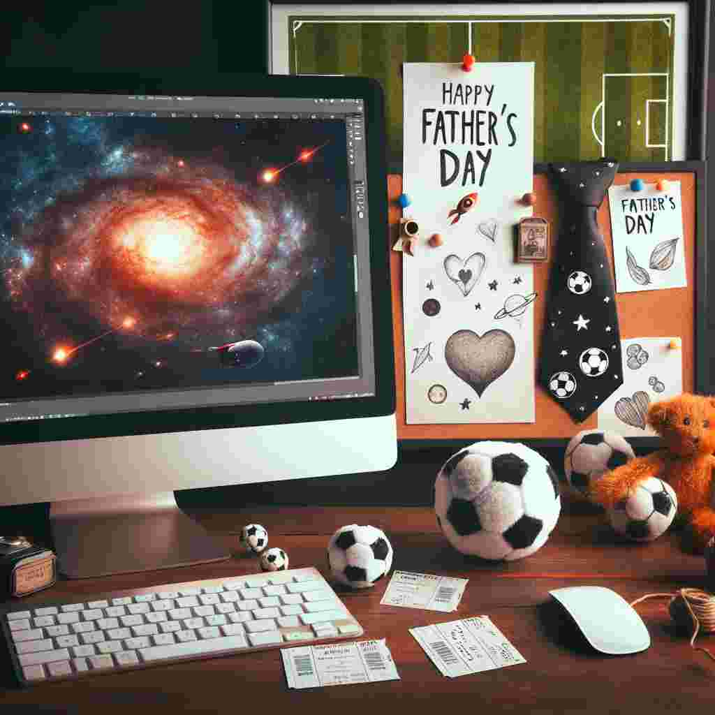 Create a warm and cozy Father's Day themed illustration showing a desk with multiple elements related to a football fan and a star lover. The desk houses a framed photograph of a celestial scene on it, hinting at love for space and sci-fi. A paused football game is visible on the computer screen with a mini football toy next to it. Also present is a handmade paper tie, adorned with drawings of generic spacecraft and footballs, tacked onto a notice board next to tickets for a football match. A small, cuddly football toy rests on the computer keyboard, while a handwritten Father's Day card styled after typography often associated with space sagas rests against the computer screen.
Generated with these themes: Star wars, Football, and Arsenal .
Made with ❤️ by AI.