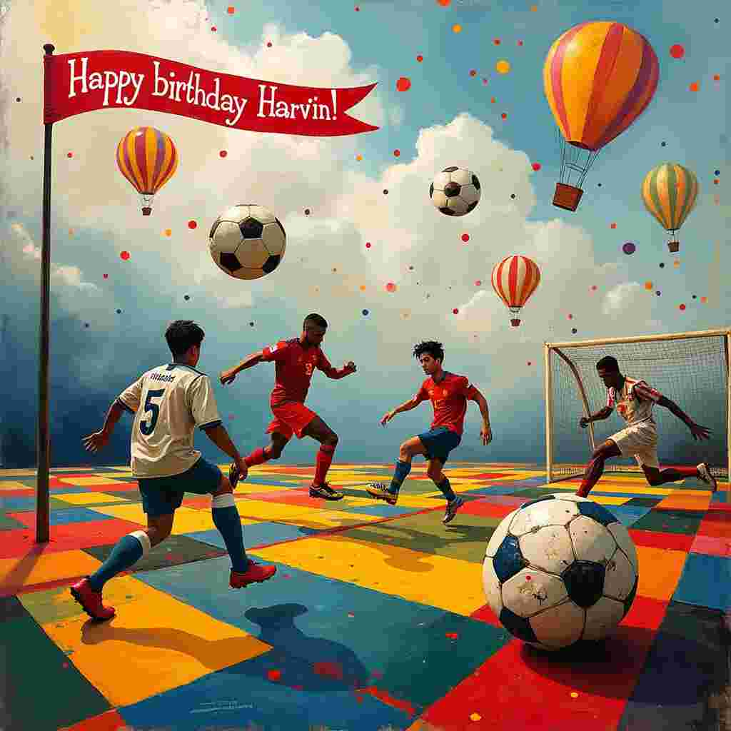 The birthday greetings card depicts a whimsical, surreal football match taking place in an abstract dreamscape. In the foreground, a football pitch made of Mondrian-like geometric shapes and primary colors sprawls across the card. The goalposts are made from thick, colorful Pollock-style splatters, with nets woven from delicate, airy lines that resemble the intricate scribbles of Cy Twombly.

On one side of the pitch, there's a cake shaped like a football, but it is painted in the vibrant color fields reminiscent of Rothko. This cake has the name "Harvin" written in bold, elegant calligraphy, icing dripping playfully down the sides. 

The players on the field are abstract, de Kooning-esque figures, their bodies twisted into dynamic, exaggerated forms, each donning surreal, patchwork uniforms that mirror Malevich’s Suprematist compositions. Their faces are filled with Miró-inspired whimsical expressions, as they kick around a football that is made up of concentric circles and chaotic lines, much like a Kandinsky painting.

Above the pitch, the sky is an ethereal mix of soft, swirling clouds painted in subtle gradients à la Gerhard Richter. Scattered throughout the sky are stylized, playful footballs floating amidst the clouds, each with a different texture inspired by Agnes Martin's delicate, grid-like lines. 

Finally, a banner suspended from two floating, abstracted hot air balloons reads "Happy Birthday Harvin!" in vibrant, dynamic fonts, each letter filled with colorful, expressive brushstrokes that dance and swirl, capturing the celebratory spirit.

This scene creates a fantastical birthday experience that merges the worlds of abstract art and football into one captivating, joyous image.
Generated with these themes: Football .
Made with ❤️ by AI.