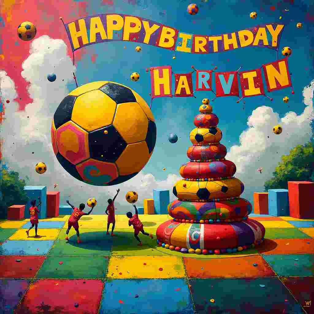 In the whimsical world of Harvin's Birthday Card, a vibrant football pitch takes center stage, but with an avant-garde twist that would make Kandinsky proud. The football pitch is a surreal blend of Mondrian-like geometric shapes—squares and rectangles in primary colors—contrasting with Pollock's splashes and drips of paint, creating an energetic, chaotic backdrop.

In the middle of this abstract field, a colossal football made up of swirling colors and textures inspired by de Kooning's dynamic brushwork floats in mid-air, almost like a Rothko-esque color block that refuses to be confined by gravity. Surrounding the football are whimsical, Miro-inspired figures, each kicking a different color and pattern into the air, as if they’re painting the sky with their football skills.

Floating above, in the sky, is a series of fluffy clouds meticulously rendered with Twombly-esque scribbles and loops. Nestled within these clouds, as if they were formed from the vapor itself, are the words "Happy Birthday Harvin" in playful, colorful letters. Each letter appears to be dancing on the clouds, mimicking the chaotic yet deliberate strokes of Richter's work.

On the sidelines, abstract, minimalist fans inspired by Agnes Martin's precision and symmetry hold up a birthday banner made of interconnected footballs, spelling out "Harvin" in a stylized font. Nearby, a towering birthday cake sits on a geometric table, with each layer representing different eras of abstract art—one layer for Malevich's Suprematism, another for Rothko's color fields, and so on.

Every element, from the footballers to the sky, is imbued with a sense of playful abstraction, ensuring that Harvin’s birthday greeting card is as unique and memorable as the blend of artistic inspirations it celebrates.
Generated with these themes: Football .
Made with ❤️ by AI.