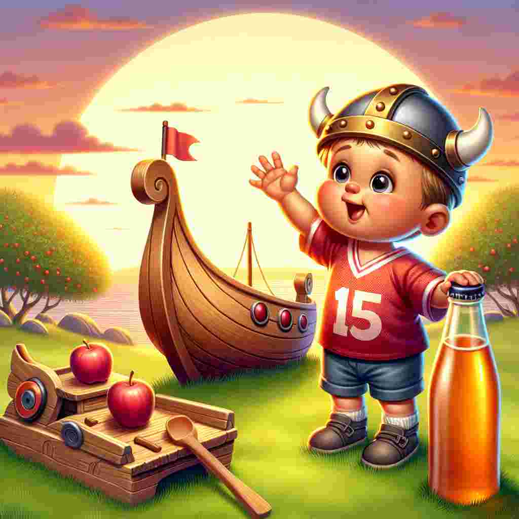A joyful cartoon portraying a baby boy, wearing a red football jersey, and a small construction helmet on his head, is seen waving goodbye. Next to him, an old-fashioned wooden boat toy similar to a Viking ship is located on a grassy hill. Against the backdrop of a setting sun behind a scenic orchard, a warm glow is cast over a bottle of traditional cider placed nearby, symbolizing a closing toast to precious memories.
Generated with these themes: Henry Weston cider, Manchester United, Baby boy, Vikings , and Construction .
Made with ❤️ by AI.