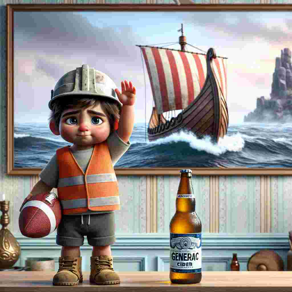 In this touching animated scene, a toddler of Hispanic descent, dressed in a small construction vest and helmet, grips a red and white football in one hand with the other raised in a goodbye gesture. Beyond him, an ancient Norse seafaring ship traverses an ocean depicted on the wallpaper, signifying the impending adventures. The room is adorned in gentle tints, and a cooled bottle of generic cider rests on a shelf, flanked by decorations for a farewell party; a celebration of the upcoming journey and a nod to the local spirit.
Generated with these themes: Henry Weston cider, Manchester United, Baby boy, Vikings , and Construction .
Made with ❤️ by AI.