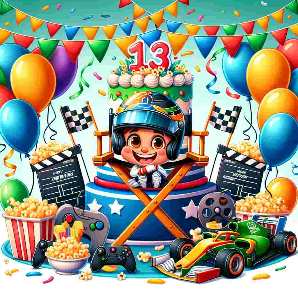 Create an image that depicts a delightful cartoon themed birthday party environment. The background should be filled with bright and colorful balloons and streamers. At the center, there is a festive cake decorated with racing flags and game controllers, symbolizing a theme related to F1 and gaming in cinemas. In the middle of the scene is a merry cartoon character wearing a racing helmet and holding a game controller. This character is seated on a director's chair and is surrounded by animated racing cars and popcorn.
Generated with these themes: F1 cinema gaming.
Made with ❤️ by AI.