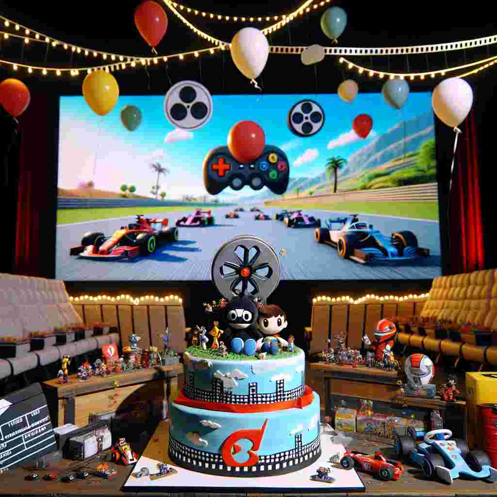 Artistically create a delightful birthday atmosphere merged with comic elements whether inspired by gaming or Formula 1 racing. The scenery exhibits a giant movie theatre screen showing an enjoyable kart racing video game with adorable figurines. Beneath it, a video game-themed birthday cake is decorated uniquely with miniature race cars and film reel embellishments. Sprightly game controllers are suspended in the air mimicking festive balloons. We see a pair of plush cartoon characters, one a Black female and the other, a Caucasian male, both in race attire, engaging in a fun video gaming session at the forefront.
Generated with these themes: F1 cinema gaming.
Made with ❤️ by AI.