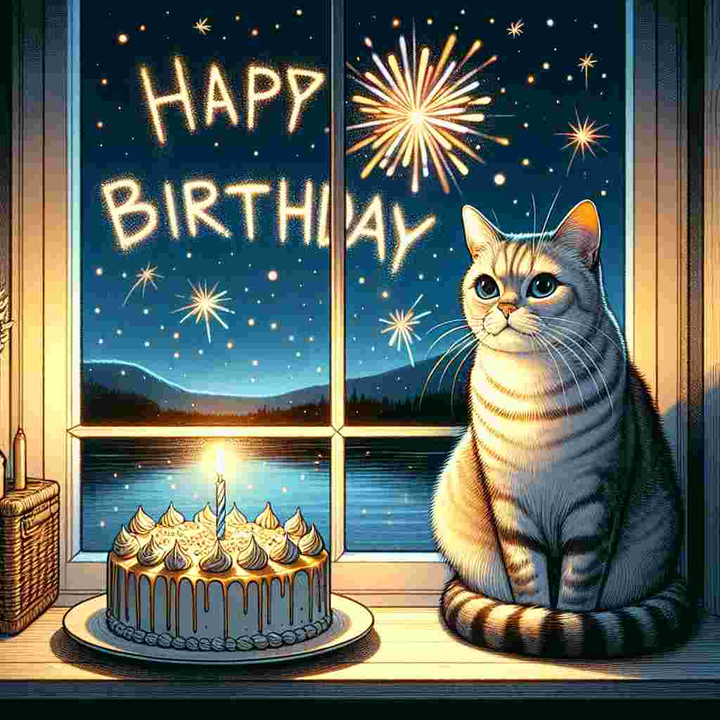 A charming illustration featuring a serene Burmilla cat sitting beside a window, with a view of the night sky lit by fireworks that spell out 'Happy Birthday.' A gently lit birthday cake with a single candle sits on the windowsill, adding warmth to the scene.
Generated with these themes: Burmilla Birthday Cards.
Made with ❤️ by AI.