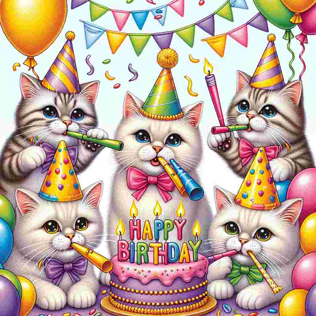 An illustration shows a group of Burmilla cats playing with party blowers and wearing party hats. The central Burmilla holds a 'Happy Birthday' sign with its paw, while balloons and a banner complete the festive birthday atmosphere.
Generated with these themes: Burmilla Birthday Cards.
Made with ❤️ by AI.