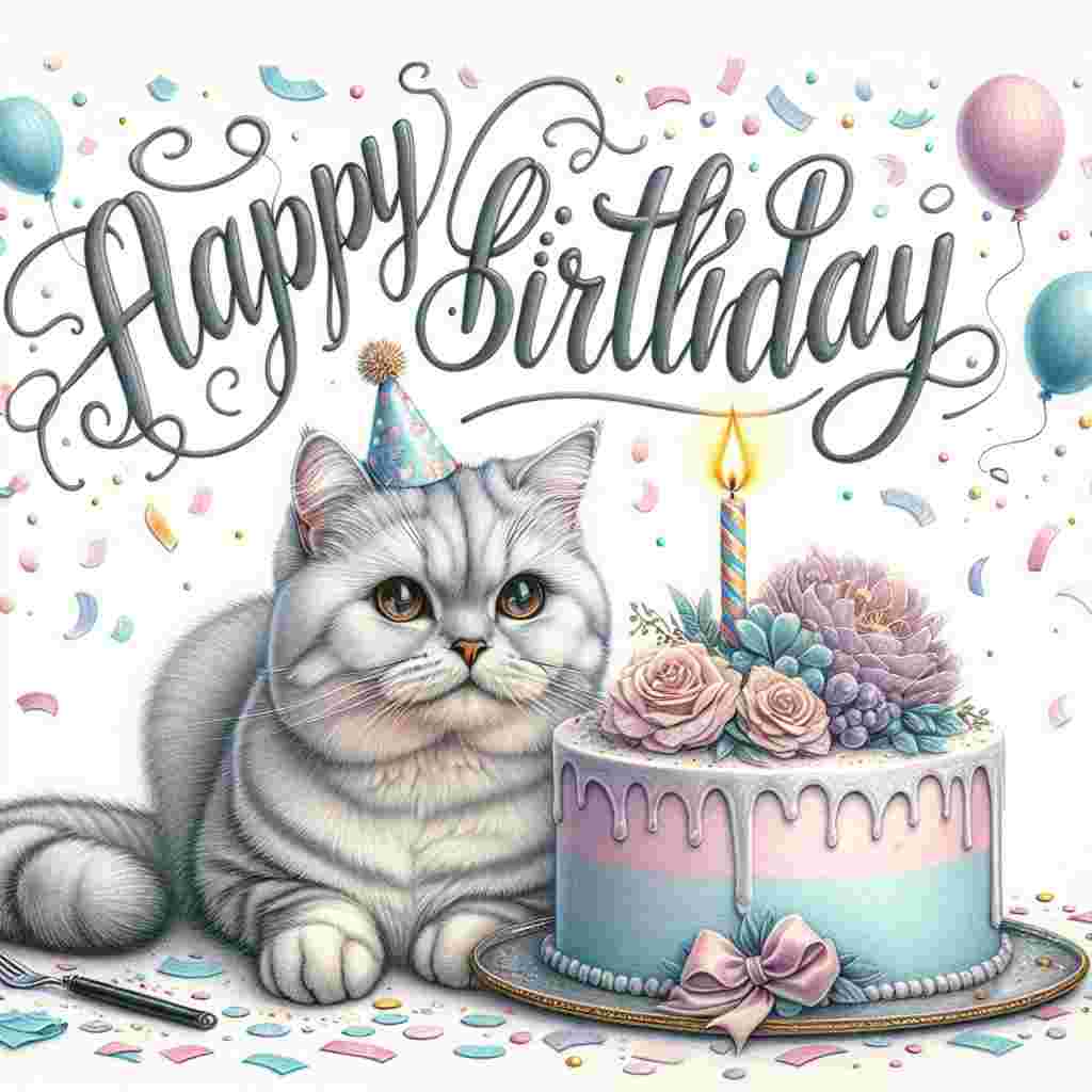 A Burmilla cat wearing a tiny birthday hat sits atop a pastel-colored cake with one candle. The words 'Happy Birthday' float above in cheerful, bubbly letters, complemented by scattered confetti and balloons in the background.
Generated with these themes: Burmilla Birthday Cards.
Made with ❤️ by AI.