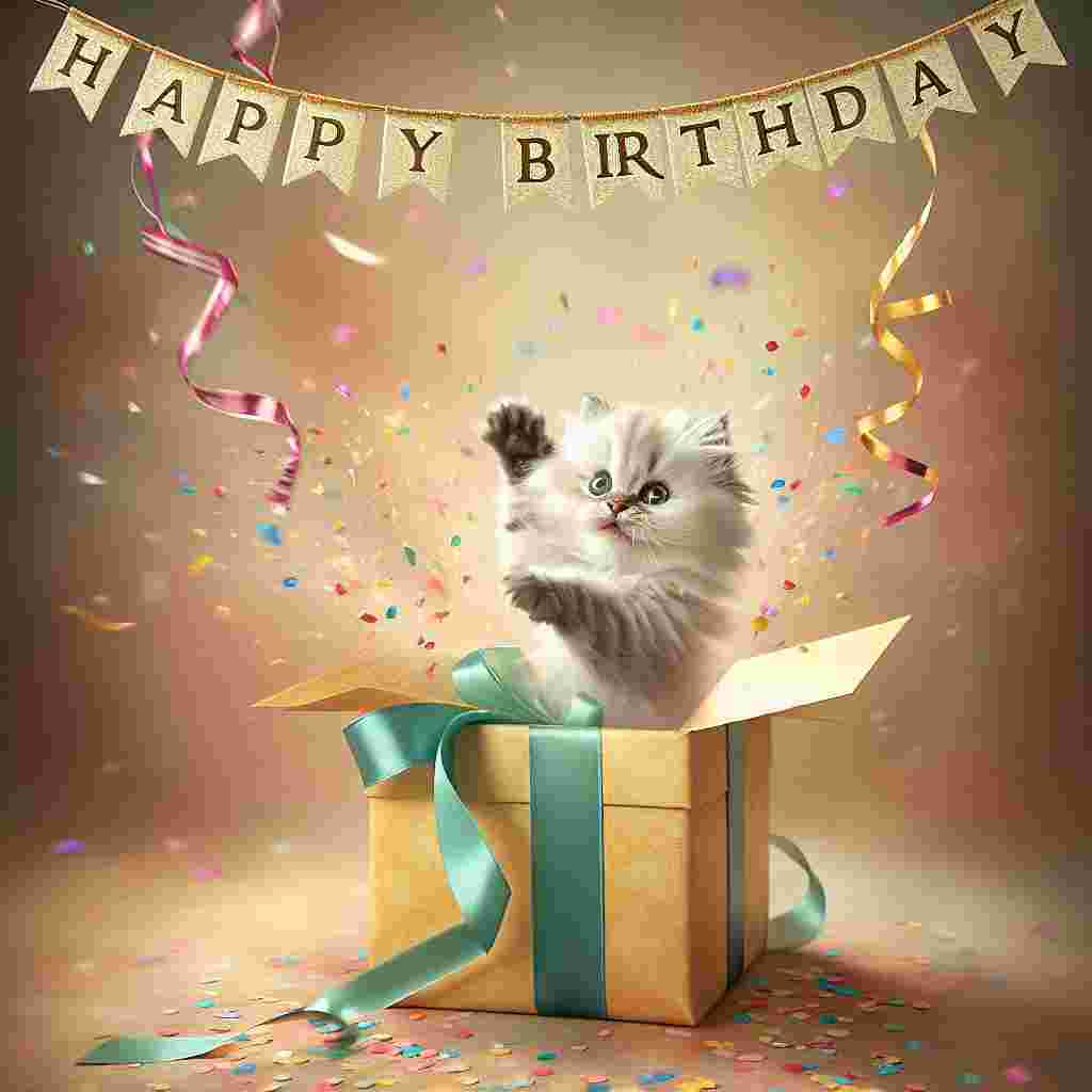 The scene depicts a playful Burmilla kitten popping out of a gift box, with confetti all around and a 'Happy Birthday' banner draped elegantly across the top corner. The background is soft and filled with warm celebratory colors.
Generated with these themes: Burmilla Birthday Cards.
Made with ❤️ by AI.