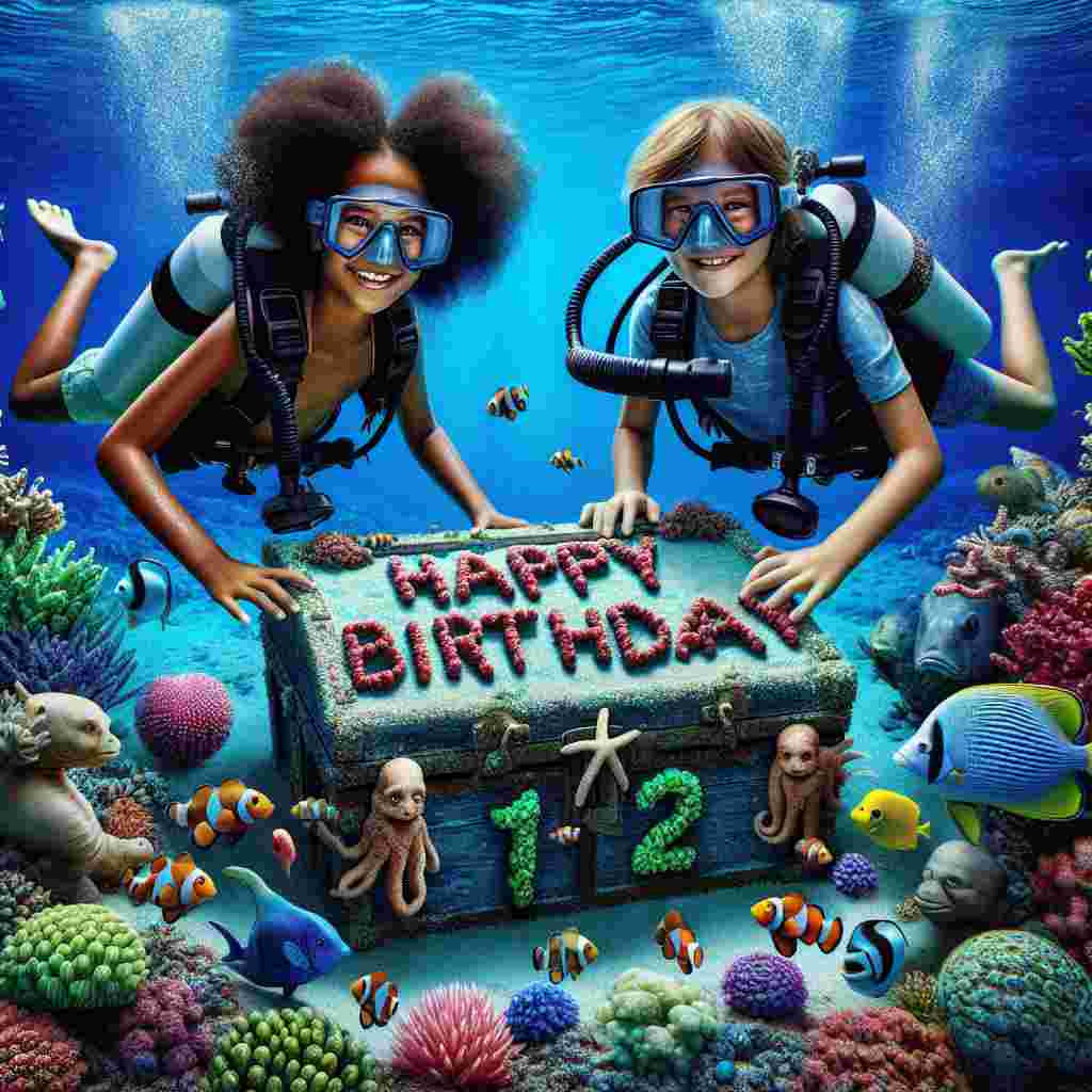 The scene unfolds under the sea with smiling sea creatures and kids wearing scuba gear, exploring a sunken treasure chest with the number '12' as part of the treasure. Above them is a coral reef where 'Happy Birthday' is written in an array of exotic sea plants, providing a vibrant backdrop for the underwater adventure.
Generated with these themes: 12th kids  .
Made with ❤️ by AI.