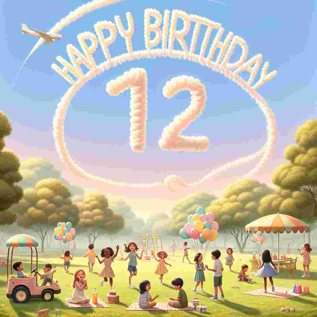 Featuring a pastel-colored park setting with kids joyfully playing games, the number '12' is cleverly integrated into a balloon arch that frames the scene. The 'Happy Birthday' text is floating in the sky, written by an airplane's smoke trails, while a festive birthday picnic unfolds below.
Generated with these themes: 12th kids  .
Made with ❤️ by AI.