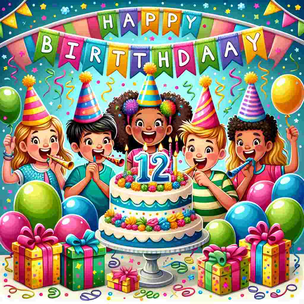 A bright and cheerful illustration showing a playful 12th birthday scene with a group of diverse children wearing party hats and blowing colorful party horns. At the center, a large 'Happy Birthday' banner drapes above a table laden with a whimsical cake adorned with the number '12' and surrounded by gifts and balloons.
Generated with these themes: 12th kids  .
Made with ❤️ by AI.