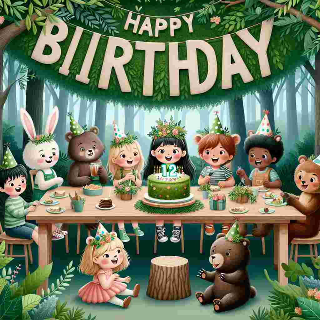 This enchanting forest-themed illustration portrays animals gathered around a woodland table celebrating a 12th birthday. 'Happy Birthday' is spelled out in the foliage above, with a centerpiece cake that has a forest design and '12' on the top. Kids dressed in costumes mimic their favorite animals, adding to the magical vibe.
Generated with these themes: 12th kids  .
Made with ❤️ by AI.