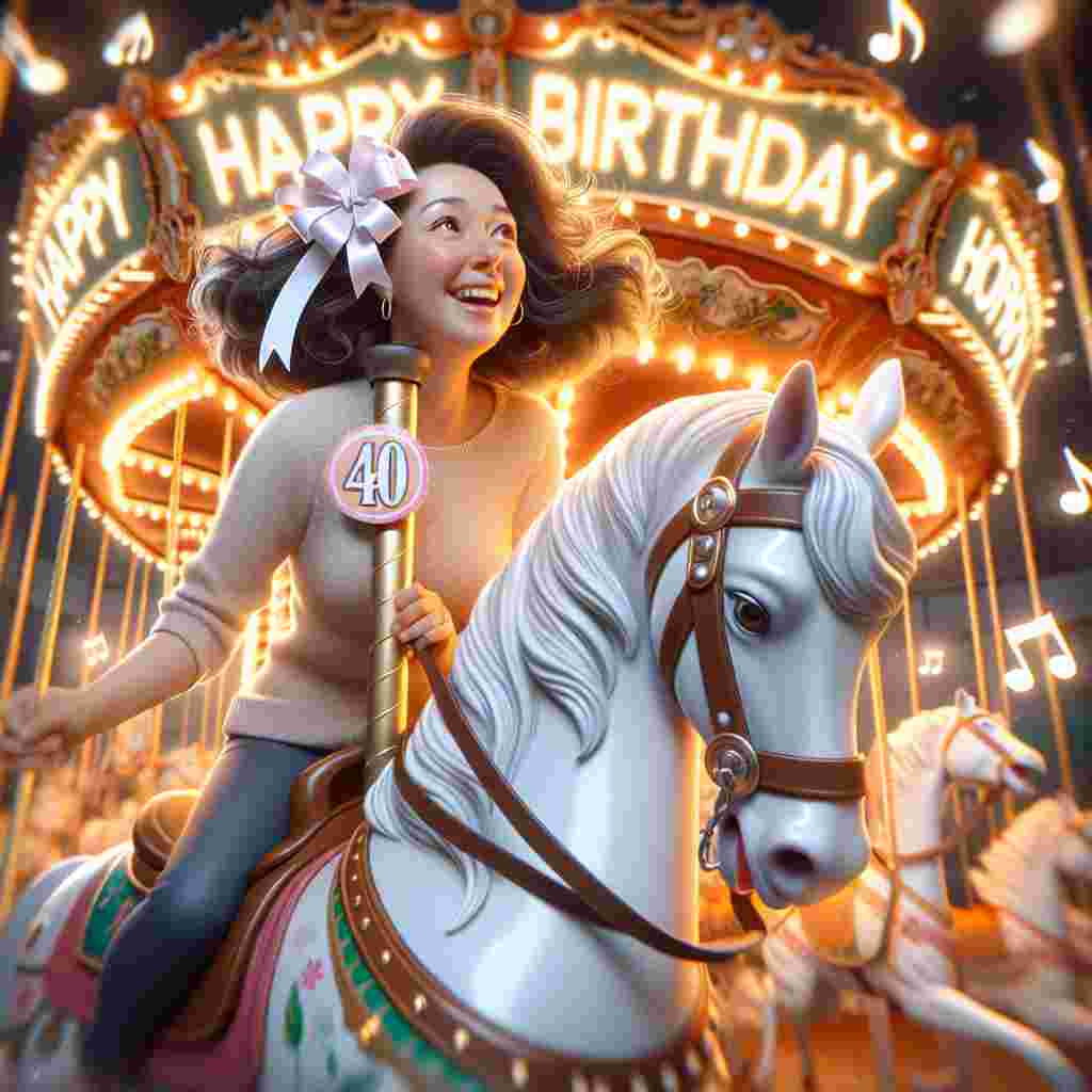 An animated illustration captures a daughter riding on a carousel horse with a joyful expression, a ribbon in her hair with the number '40' pinned to it. The 'Happy Birthday' message glows brightly on the carousel canopy, and whimsical music notes float in the air, contributing to the festive 40th birthday atmosphere.
Generated with these themes: daughter 40th  .
Made with ❤️ by AI.