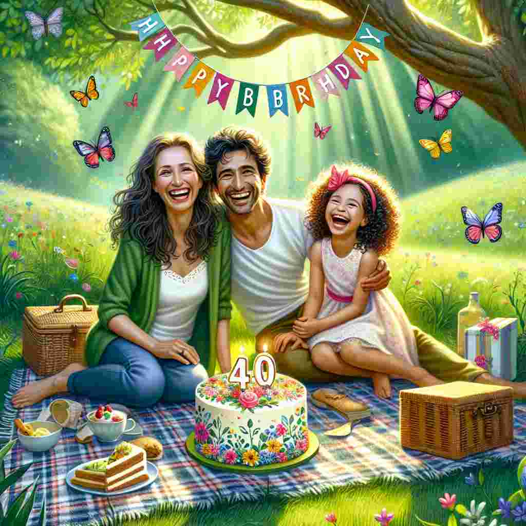 The design portrays a garden picnic scene with a daughter and her family, a 'Happy Birthday' sign hanging from a tree branch, and a picnic blanket laid out with a cake that has '40' in floral numbers. Butterflies flit around, adding to the whimsy of the 40th birthday celebration.
Generated with these themes: daughter 40th  .
Made with ❤️ by AI.