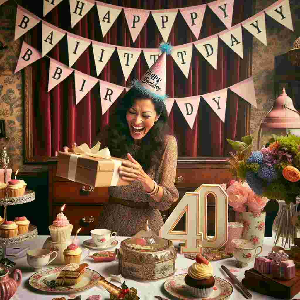 Featuring a vintage tea party theme, the drawing shows a daughter wearing a party hat, laughing as she opens a gift. The background is adorned with 'Happy Birthday' bunting, and a large '40' centerpiece graces the table, surrounded by cupcakes and flowers to celebrate her 40th birthday.
Generated with these themes: daughter 40th  .
Made with ❤️ by AI.