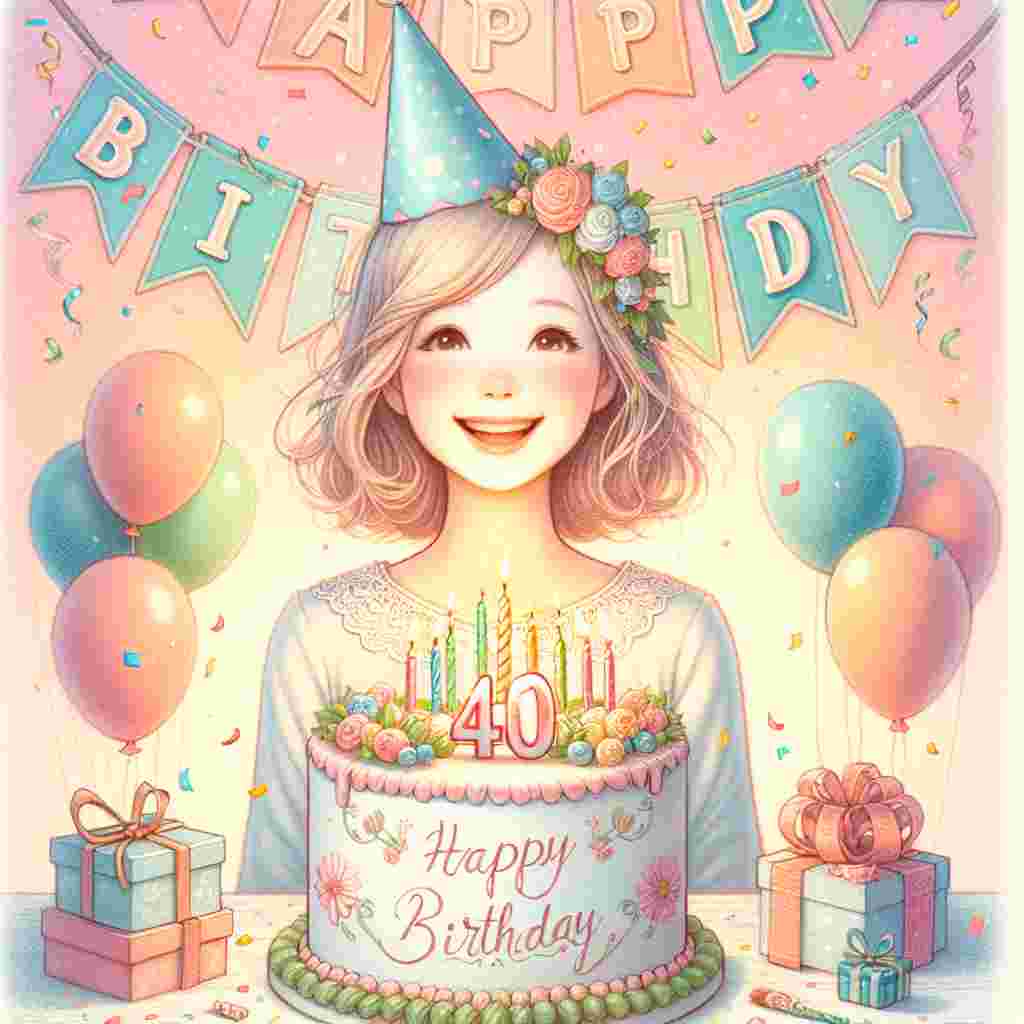 The illustration depicts a soft pastel scene with a banner displaying 'Happy 40th Birthday' gently draped above a heartwarming setup of a daughter blowing out candles on a cake. Confetti and balloons add a playful touch while 'Happy Birthday' is inscribed in elegant cursive on the cake's base.
Generated with these themes: daughter 40th  .
Made with ❤️ by AI.