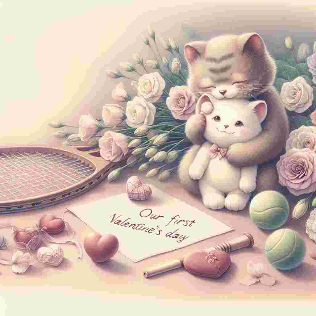 Create a tender scene in soft hues depicting a cat and a bear sharing a gentle embrace, symbolizing their first Valentine's Day together. The background is filled with delicate lisianthus flowers, enhancing the richness and elegance of the image. Scattered around the scene are hearts of various sizes, some of which are inscribed with the words 'Our First Valentine's Day', signifying their shared love on this special day. In the foreground, lay a pair of tennis rackets and a ball, suggesting a shared interest in the sport.
Generated with these themes: Cat, Bear, Lisianthus Flower, Word “ our first Valentine’s Day”, Hearts , Hug , and Tennis .
Made with ❤️ by AI.