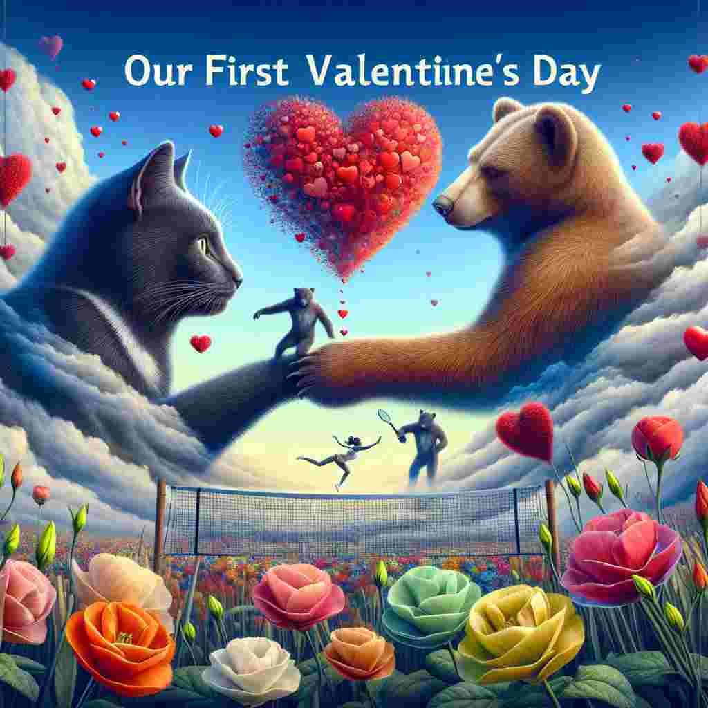 Generate an image where reality and fantasy blend on Valentine's Day. The main image should be a realistically rendered cat, of black color, and a brown bear engaging in a friendly embrace, displaying mutual affection. Surrounding them, hearts appear suspended in the air, suggesting a romantic atmosphere. The phrase 'Our First Valentine’s Day' forms in the sky as if made by clouds. Around them, there is a surreal, vivid growth of Lisianthus flowers, abnormally bright and colorful. An out-of-place detail is a tennis net that cuts across the scene, symbolizing that love and sports can coexist harmoniously.
Generated with these themes: Cat, Bear, Lisianthus Flower, Word “ our first Valentine’s Day”, Hearts , Hug , and Tennis .
Made with ❤️ by AI.