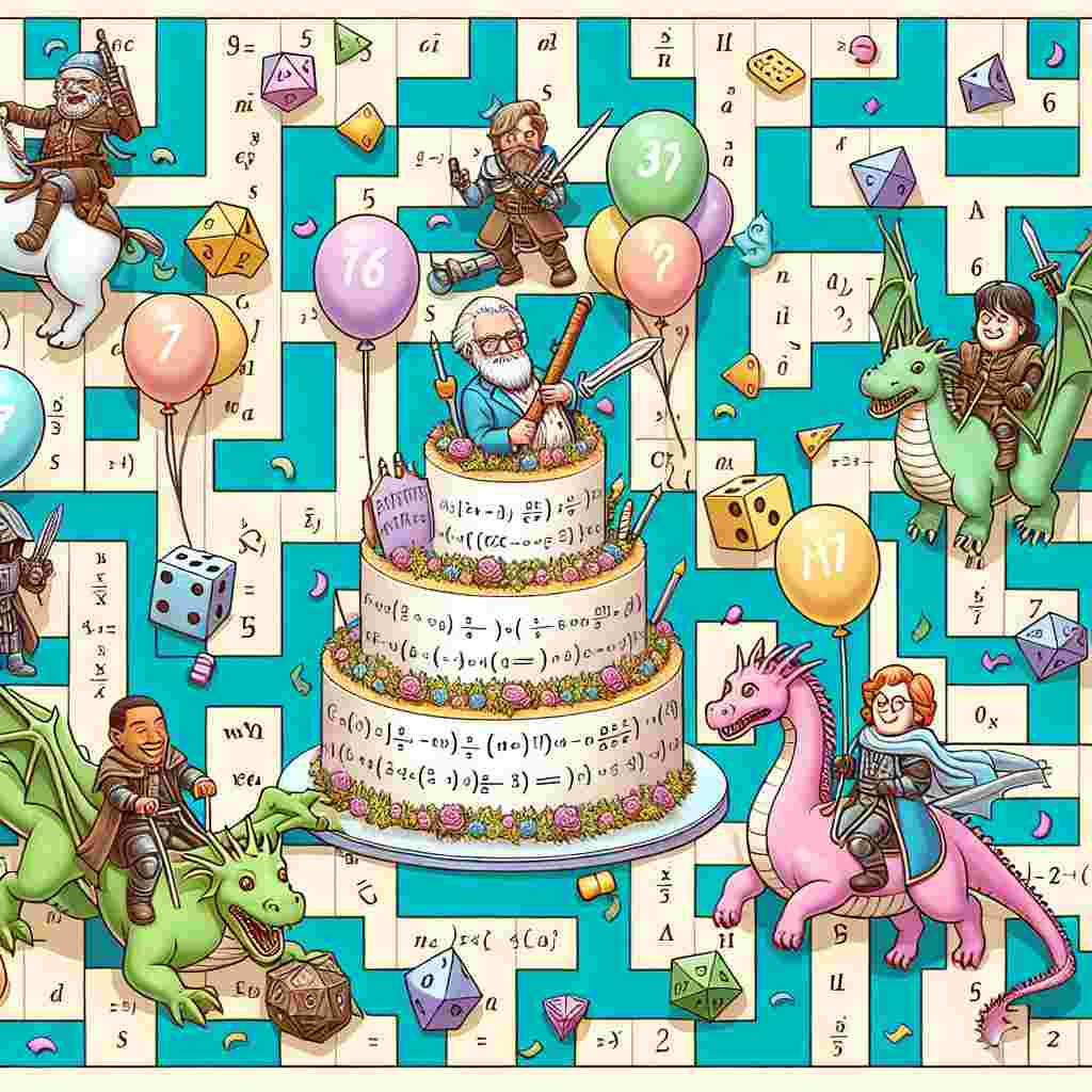 Create an abstract birthday scene filled with humor. The image should show caricatured mathematicians of diverse descents and genders joyfully riding atop friendly dragons through a maze scattered with confetti and dice. The pastel balloons floating around are inscribed with various algebraic equations. The highlight of our scene is a tiered cake, whimsically leaning like the Leaning Tower of Pisa. This cake is adorned with fondant figures which resemble fantasy role-playing figurines performing comedic actions. No character from specific role-playing games should be recognizable.
Generated with these themes: Dungeons and dragons, Comedy, and Maths.
Made with ❤️ by AI.