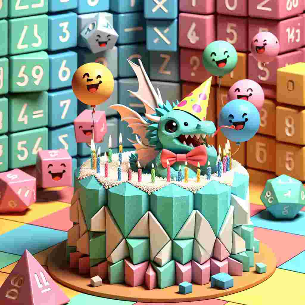 Ken for a whimsical birthday scene given an abstract twist, representing a strange fusion between a cartoon dungeon setting and an enchanted party. Imagine pastel-hued geometric shapes constructing the walls and floor of this charmingly irregular dungeon. Laughing d20 dice, wearing cheerful party hats, impart a sense of fun and laughter. Focal point of the image is a baby dragon, of blue-green scales, smartly dressed in a bright-red bowtie, making attempts to blow out the candles sat atop a peculiarly polyhedral-shaped cake. This cake is adorned with peculiar frosting designs that are actually common mathematical symbols. Adding a further touch of comedy, envision playful jesters, charmingly rendered in a cartoon style, juggling balloons that are shaped like large, three-dimensional numbers.
Generated with these themes: Dungeons and dragons, Comedy, and Maths.
Made with ❤️ by AI.