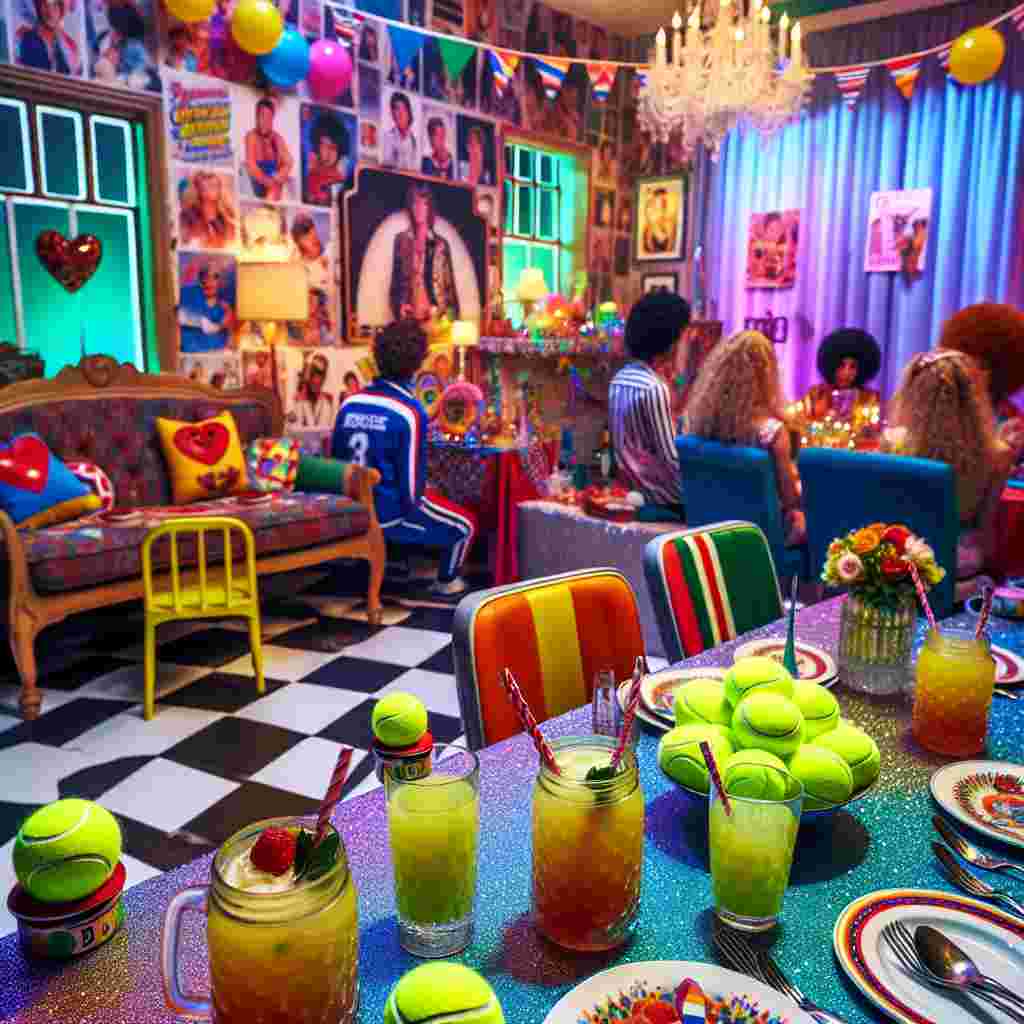 The setting is vibrant, blending a fascinating 1980s theme with the eccentricity of a joyful birthday celebration. The room is whimsical, adorned with vivid decorations reflecting the nostalgic era of disco and pop music. Guests are enjoying their beverages served in peculiar vintage tennis ball cups, paying homage to the birthday person's adored sport. A corner of the room celebrates the festive hues of a popular football team, decked with scarves and jerseys, creating an engaging ambiance. In the background, melodies resonate from the collection of a popular artist's greatest pop hits from the '80s, enhancing the lively mood and mirroring the unique amalgamation of interests that mark another journey around the sun.
Generated with these themes: Tennis, Tottenham Hotspur, David Bowie, and 1980s.
Made with ❤️ by AI.