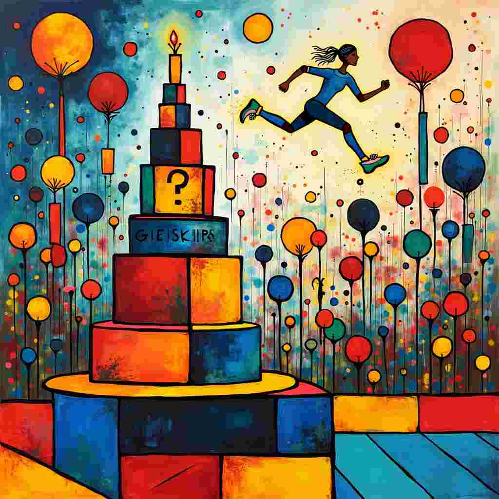 Imagine a wild, joyous celebration of abstract forms and vibrant colors, an amalgamation of birthday cheer and running inspiration that practically jumps off the page! The background of the card is a swirling, Kandinsky-inspired melange of bold, interlocking shapes in primary colors—reds, blues, and yellows—with hints of softer pastels.

In the center of the scene, a cake is constructed in Mondrian-esque blocks, each layer a grid of interlocking squares and rectangles, with the name "Geesken" boldly etched in black on the largest tier. This cake stands proudly on a de Kooning-style table, which is an explosion of jagged lines and chaotic brushstrokes, yet somehow retains a sense of form and purpose.

To the left, a vibrant Pollock-inspired figure dashes across the scene, trails of paint splatters suggesting motion, representing Geesken the running trainer. This dynamic character is surrounded by floating, Rothko-like rectangles, each a different hue, mimicking the progression of a running track.

Above, the sky is a dreamscape of Miró's whimsical symbols—abstract stars, swirls, and organic shapes dance across the canvas, while in one corner, fluffy clouds spell out "Happy Birthday Geesken" in playful, twisted script, their edges tinged with the faintest touch of Cy Twombly's scribbles.

On the right, a series of Malevich-inspired geometric runners—each a simple, solid color and a different size—appear to be racing towards the cake. They are outlined in bold black lines, creating a sense of competition and excitement.

At the bottom, in an Agnes Martin-inspired minimalist style, a calm, structured base anchors the entire scene. This grounding element features subtle, fine lines that suggest a running track, keeping everything connected and cohesive.

This card is a jubilant symphony of artistic styles, celebrating both the abstract and the athletic, and most importantly, it shouts "Happy Birthday Geesken" with every colorful, energetic brushstroke!
Generated with these themes: Geesken is a running trainer.
Made with ❤️ by AI.