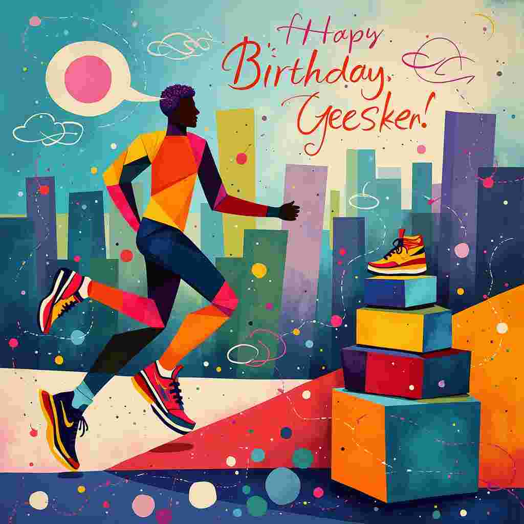 Picture this, dear artist:

The front cover of this birthday card is an abstract, energetic celebration of Geesken's passion for running. Imagine a vibrant, kinetic landscape composed of dynamic shapes and bold colors, pulling inspiration from the vibrant palettes and geometric structures of Kandinsky and Mondrian, mixed with the chaotic splashes of Pollock.

At the center, there’s a striking, abstract running figure. The figure is composed of colorful, geometric shapes with angular limbs stretching forward, reminiscent of de Kooning's fluid forms but with the precision of Malevich's geometric abstraction. The figure's path is marked by a trail of swirling, Pollock-esque paint splatters in every imaginable color, representing the trails Geesken has run.

Behind the running figure, an abstracted cityscape emerges, with buildings formed from vertical and horizontal lines in primary colors, echoing Mondrian's Composition series. The sky above the cityscape is a blend of soft, gradient hues inspired by Rothko, transitioning from a deep blue at the top to a lighter, ethereal blue near the horizon.

Floating amidst the sky, almost like dreamy Miró symbols, are playful, abstract clouds that spell out “Happy Birthday, Geesken!” in a whimsical, looping script. The letters are composed of bright, squiggly lines, giving a nod to Cy Twombly’s gestural style. 

In the foreground, there’s an abstract birthday cake: a geometric stack of colorful blocks, each one adorned with tiny, twinkling stars that shimmer like Richter's color fields. The cake’s top tier has a running shoe on it, abstractly rendered with exaggerated, swooping lines and vibrant colors, as if it’s ready to sprint off the cake and join the runner.

To complete the scene, dotted lines reminiscent of Agnes Martin's meticulous grids weave across the background, adding a subtle texture that ties all elements together and gives a sense of order to the vibrant chaos.

This is no ordinary birthday card; it’s an explosion of color and form, capturing the essence of Geesken's passion for running in a fantastically abstract birthday celebration.
Generated with these themes: Geesken is a running trainer.
Made with ❤️ by AI.