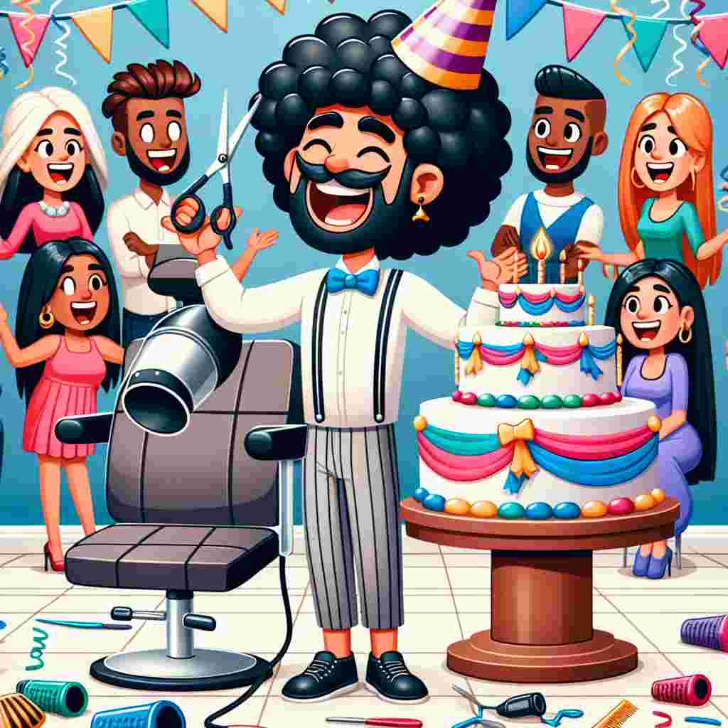 A jubilant celebration takes place in the setting of an adorable illustrated salon for a Middle-Eastern, male hairdresser's birthday. The cartoon character is seen ecstatically holding a pair of scissors and a comb, standing next to his festooned salon chair adorned with streamers. The scene includes a unique birthday cake designed like a hairdryer, which is positioned on a table close by. New and familiar animated figures, both male and female, from different descents such as Caucasian, Black, Hispanic, and South Asian, are present as guests. These characters are in an upbeat mood, wearing colorful festive hats and exhibiting creative hairstyles in honor of the hairdresser's special occasion.
Generated with these themes: Hairdresser.
Made with ❤️ by AI.