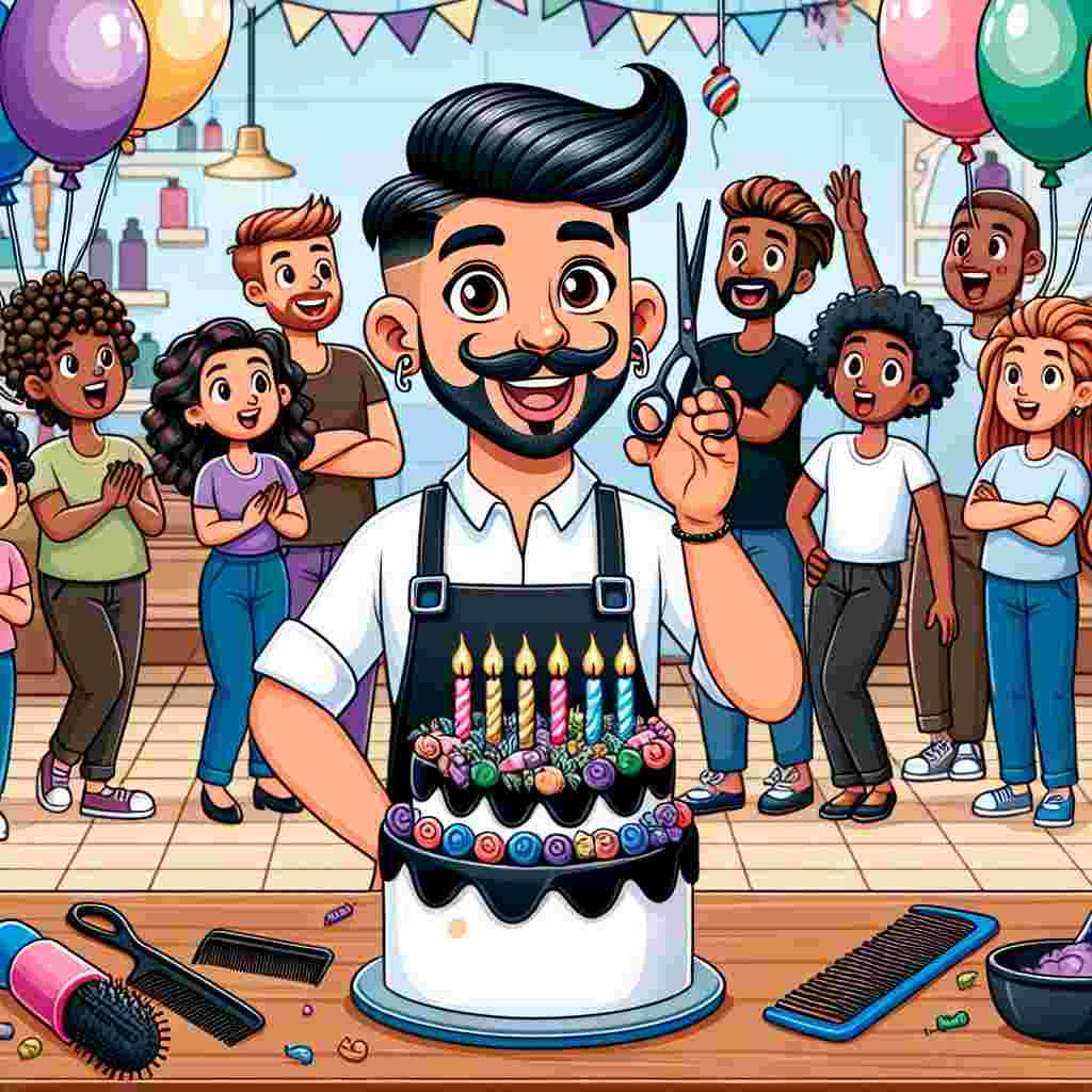 Create a wholesome cartoon scene portraying a Hispanic male hairdresser, standing with scissors in his hand, surrounded by diverse animated characters of various genders and descents, all celebrating a birthday in a salon environment. The background is filled with colorful decorations, including balloons resembling hair rollers and a cake embellished with elaborate decorations made to look like hairbrushes and combs. The salon is alive with joy and laughter as the hairdresser blows out candles on a cake designed to look like a curling iron, while his friends wish him a happy birthday.
Generated with these themes: Hairdresser.
Made with ❤️ by AI.