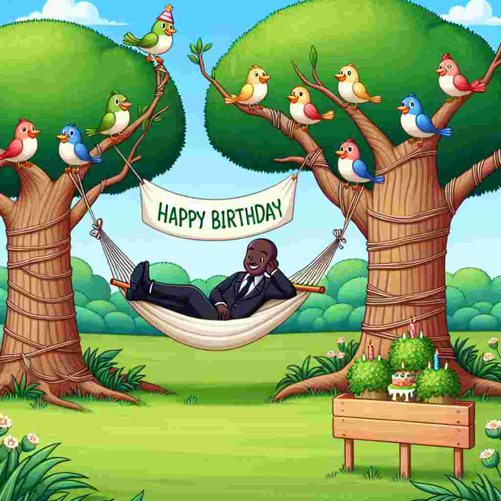 A heartwarming illustration portraying a serene garden scene, where a gentleman relaxes in a hammock strung between two trees, both shaped like the number '60'. A family of cheerful cartoon birds holds up a 'Happy Birthday' sign, adding a quaint and personal touch to the celebration.
Generated with these themes: 60th   for him.
Made with ❤️ by AI.