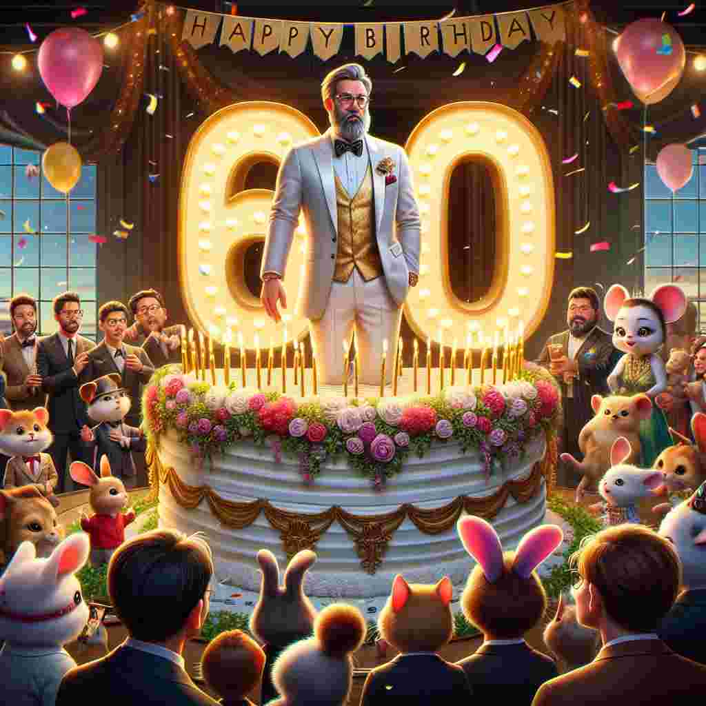 An adorable drawing where a smartly-dressed man is standing atop a giant, festively decorated number '60' cake, with candles lit aglow. Confetti rains down as a crowd of cute animals in party attire looks on, and the scene is completed by a 'Happy Birthday' banner waving in the foreground.
Generated with these themes: 60th   for him.
Made with ❤️ by AI.