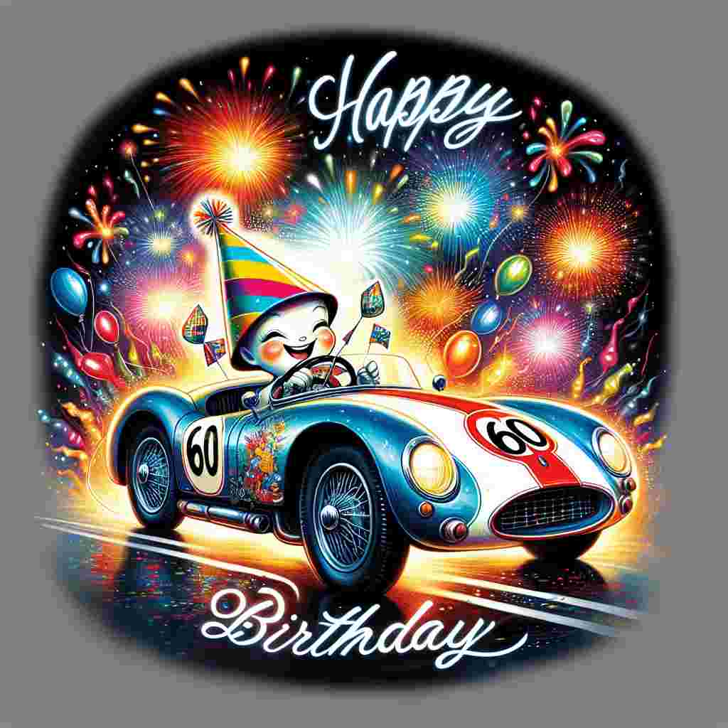 A whimsical illustration featuring a vintage sports car with the number '60' emblazoned on its side, driven by a cheerful character donning a party hat. In the background, a sky filled with fireworks and a large, bold 'Happy Birthday' message captures the joyful spirit of this milestone.
Generated with these themes: 60th   for him.
Made with ❤️ by AI.