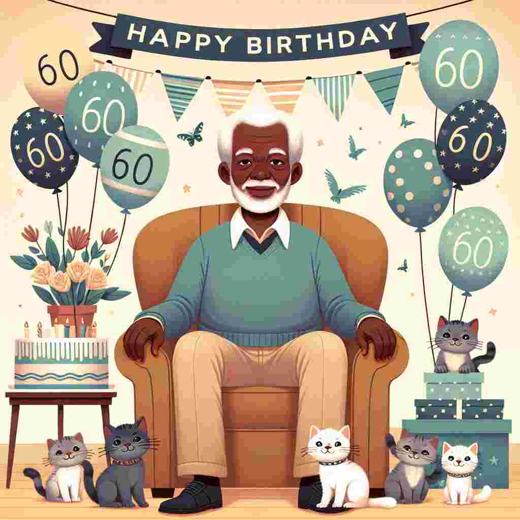 A charming cartoon scene with an elderly gentleman sitting on a cozy armchair surrounded by playful kittens and colorful balloons, all adorned with the number '60' pattern. Above him, a banner flutters with the joyful greeting, 'Happy Birthday,' adding a heartwarming touch to the celebration.
Generated with these themes: 60th   for him.
Made with ❤️ by AI.