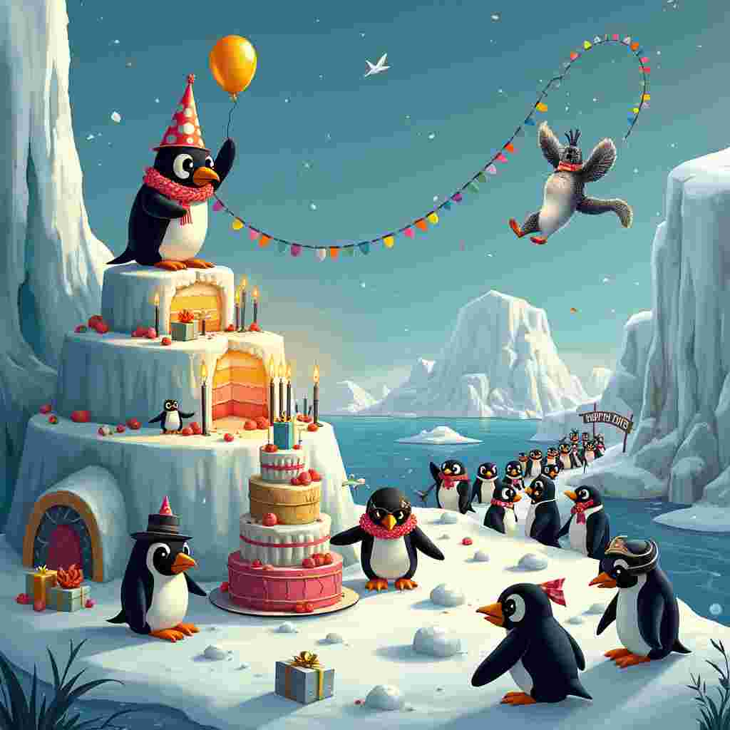 Picture this: A bustling, ice-coated birthday party at the edge of an Antarctic cliff, filled with quirky penguins and splashes of whimsical charm. The main attraction is a colossal, rainbow-colored igloo-shaped cake, tiers staggered like an icy ziggurat, adorned with fish-shaped candles flickering in the chill breeze. The birthday penguin, donning a comically oversized party hat with vibrant polka dots, stands on the topmost tier, waving a flipper triumphantly.

To the left, an ensemble of penguins dressed as a jazz band plays lively tunes using icicle xylophones and fishbone guitars. The band's drummer, a particularly stout penguin with dark sunglasses, is energetically beating on upside-down ice buckets. Behind the band, an ice sculpture of a dancing penguin holding a balloon captures the eye, glistening under a string of multicolored lights strung from snowbank to snowbank.

In the foreground, a clumsy yet lovable penguin, reminiscent of Charles Schulz's Charlie Brown, is trying to balance a stack of gifts, all wrapped in seaweed and kelp with seashell bows. He's teetering, nearly falling over as a mischievous little penguin tugs at his scarf. Nearby, two penguins are engaged in a snowball fight, with one ducking behind a snow fort adorned with streamers and the other mid-throw, a perfect snowball in flipper.

On the right, a long conga line of penguins, each one more eccentrically dressed than the last—think top hats, bow ties, and even a monocle—snake their way towards the cake, clearly in a joyous march. Above them, a banner made of twine and colorful ice chunks reads "Happy Birthday!" in cheerful, chunky letters.

In the sky, a smattering of comic-book-style action lines emphasizes the antics, as a rogue fish leaps out of a penguin’s flipper, arching high in the air. The far-off horizon showcases a serene, almost magical blend of twilight hues—purples, pinks, and oranges—dancing on the snow and reflecting off the icy cliffs, adding a hint of classic Winsor McCay wonder.

The scene is a delightful tapestry of comical, chaotic energy and whimsical charm, blending the narrative-driven approach of Hergé's Tintin with the playful detail of Bill Watterson's Calvin and Hobbes. This is a birthday bash that could only happen in the imaginative world of penguins, where even the coldest ice can't freeze the warmth of celebration.
Generated with these themes: Penguin.
Made with ❤️ by AI.