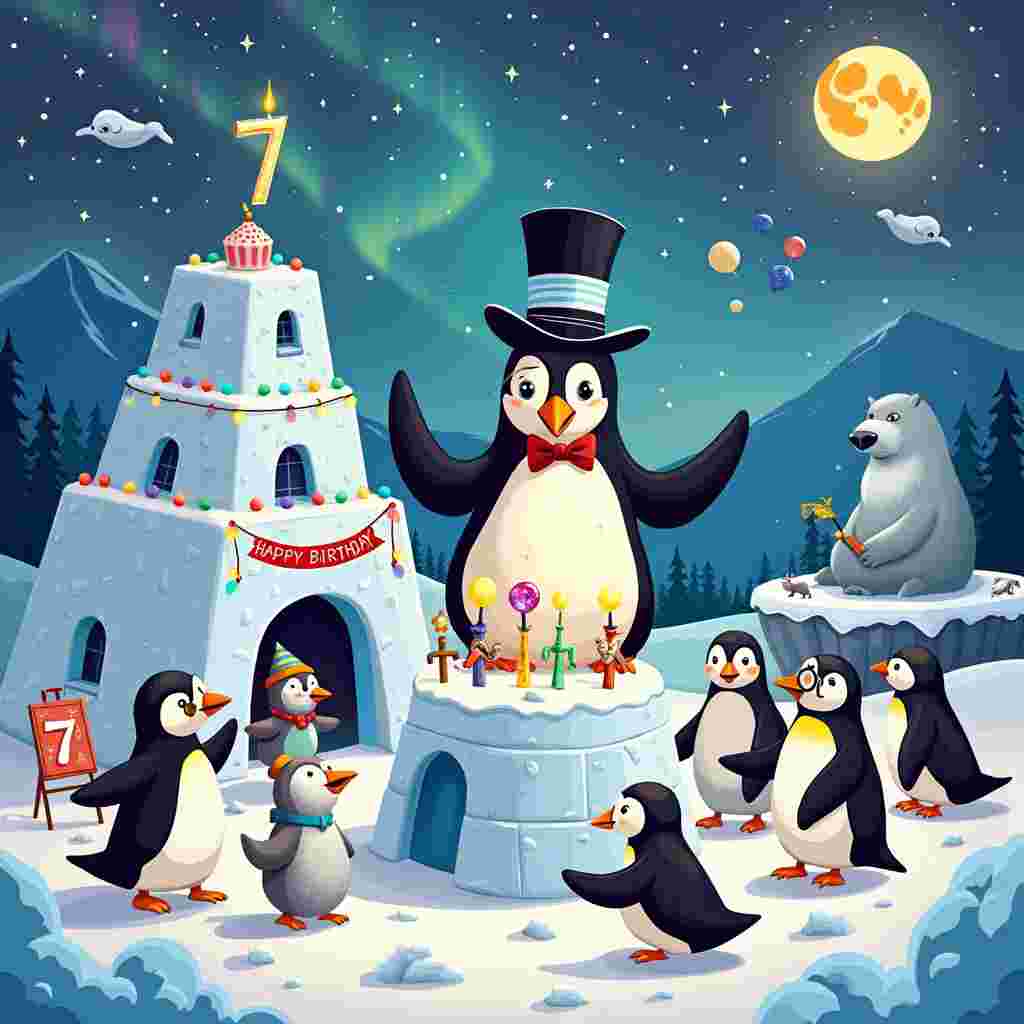 Picture a snow-covered arctic playground where a birthday celebration is in full swing. At the center of the scene is a comically exaggerated ice cake, towering with layers that defy gravity, each topped with a unique arctic-themed decoration like a polar bear doing a handstand or a seal balancing a ball. Atop the cake is a sparkling number 7 candle.

Front and center is our protagonist: a dapper penguin wearing a top hat, monocle, and a bow tie, reminiscent of a mix between Mr. Peanut and a British gentleman. He's caught mid-dance, flippers extended out and one leg kicked up in a playful jig. Surrounding him are his friends—a group of penguins with different quirky accessories: one wears a tutu and ballet slippers, another dons a Sherlock Holmes-style deerstalker hat and magnifying glass, while another sports a superhero cape flapping in the chilly wind.

In the background, an igloo castle serves as the backdrop, with turrets adorned with colorful string lights. There's a banner hanging between two of the turrets that reads "Happy Birthday" in a whimsical font, and a group of puffins are stringing additional decorations around the entrance. A narwhal can be seen peeking out from behind the igloo, its tusk festooned with balloons shaped like various sea creatures.

Off to one side, a polar bear dressed as a clown is juggling snowballs, each snowball containing a small fish frozen inside. Near him, a walrus with an artist's beret is painting an ice sculpture of the birthday penguin on an easel.

Above the scene, the sky is a twilight gradient of blues and purples, dotted with twinkling stars and a cheerful crescent moon wearing a birthday hat. The Northern Lights cascade in the background, adding a magical touch with their vibrant ribbons of color.

The edges of the card are framed with playful doodles of arctic creatures and ice crystals, adding an extra layer of whimsy and charm to this festive, frosty celebration.
Generated with these themes: Penguin.
Made with ❤️ by AI.