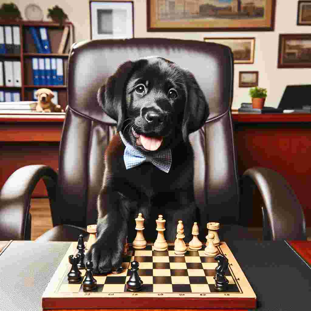 An endearing image of a black Labrador puppy sitting comfortably on an office chair, his little paw lightly resting on a chessboard filled with pieces, representing strategy and intellectual gameplay. The backdrop reveals a standard corporate office, furnished with a desk and a computer, adding an element of professionalism. The cheerful nature captured in the puppy's expressions, combined with the office ambience, serves as a thank you to a companion who has proven to be not only smart but also loyal in a professional work scenario.
Generated with these themes: Black labrador puppy, Chess, and Office.
Made with ❤️ by AI.