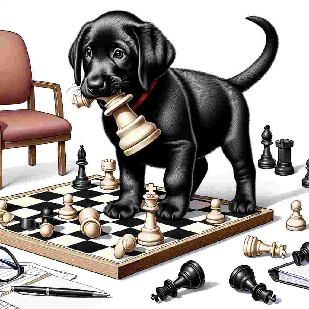 Create a humorous illustration featuring a black Labrador puppy with a chess piece in its mouth. The scene is set in an office environment, with a chessboard scattered on the floor. The puppy's tail is wagging, causing a few more chess pieces to topple over, implying a lively game underway. Office elements like a notepad, pen, and glasses suggest a regular workday surprisingly interrupted for a playful pause shared between a courteous office mate and the energetic puppy.
Generated with these themes: Black labrador puppy, Chess, and Office.
Made with ❤️ by AI.