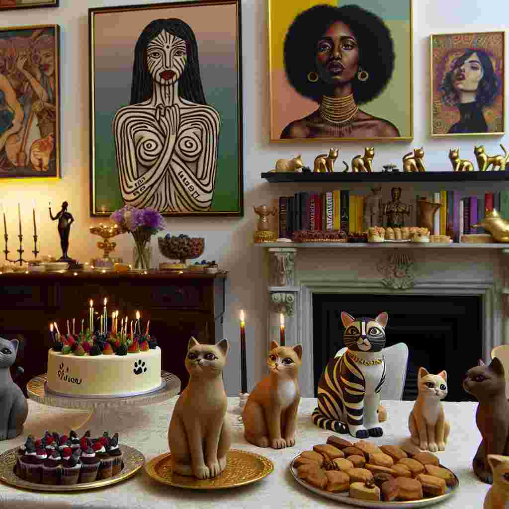 Imagine a comfortable room decorated for a birthday party, where cuteness is perfectly balanced with realism. Upon entering, your eyes are immediately drawn to a playful display of lifelike cat figurines, positioned as though they are making a beeline for a full spread of vegan delicacies. Dominating the decor are elements of feminist literature and art, including paintings of influential black women, symbolizing empowerment and a rich cultural appreciation. In the background, you can hear the soft notes of classical music, occasionally punctuated by a dramatic crescendo. The dessert table is a spectacle in itself, boasting a variety of vegan treats. The centerpiece is a cake decorated with an sophisticated, abstract representation of the feminine form.
Generated with these themes: Cats, Running , Boobs, Vegan food, Feminism, Black people, Drama, and Music.
Made with ❤️ by AI.
