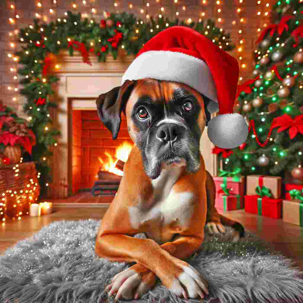 Create a cozy, heartwarming cartoon scene. Inside, a fawn-coated Boxer mixed breed dog with a black mask and warm brown eyes sits comfortably near the warmth of a crackling fireplace. The room emanates a festive aura enhanced by beautiful twinkling Christmas lights, eye-catching green and red garlands, and an impressive Christmas tree with a star majestically seated on top. Adding to the playful scene, the Boxer dog, is amusingly wearing a jolly red Santa hat, while its tail wags with joy amidst the surrounding holiday cheer.
.
Made with ❤️ by AI.