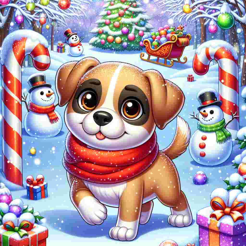 Imagine a snowy cartoon winter land. Standing out in this scene is a fawn-colored Boxer mix dog, The dog has distinct black markings on its face and soulful brown eyes, adding to its charm. It's wearing a bright red scarf and has a playful demeanor, frolicking gleefully amidst delicately falling snowflakes. The background is bustling with Christmas merriment. Candy cane-striped poles sprout from the snow-covered ground, adding color to the scene. Cheerful snowmen stand here and there, engaging in silent conversation. A sleigh, filled to the brim with colorful presents, sits nearby, promising the joy of the holiday season. All this is touched by a sprinkle of winter's enchanting magic.
.
Made with ❤️ by AI.