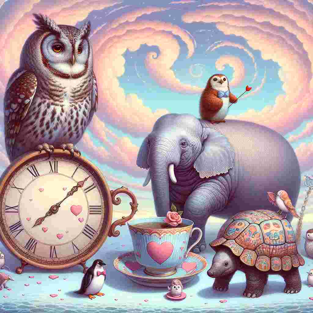 Picture a dreamlike landscape with swirling pastel-colored skies. An owl, full of wisdom yet adorable, perches atop an oversized teacup. This owl glances affectionately at a manatee who has a unique heart-shaped spot. On the sidelines, an armadillo, dressed in an abstractly numbered jersey, turns itself into a ball that carries a pattern of tiny Cupid figures. Joining this unusual gathering is a penguin, proudly wearing a bow tie and carrying a rose in its flipper. Interestingly, it stands atop a timepiece, the hands of which curiously point to the date February 14th. This whimsical gathering appears like an enchanting Valentine's day celebration in the form of a tea party.
Generated with these themes: Owl, Manatee, Armadillo , Penguin , Tea , and NFL.
Made with ❤️ by AI.