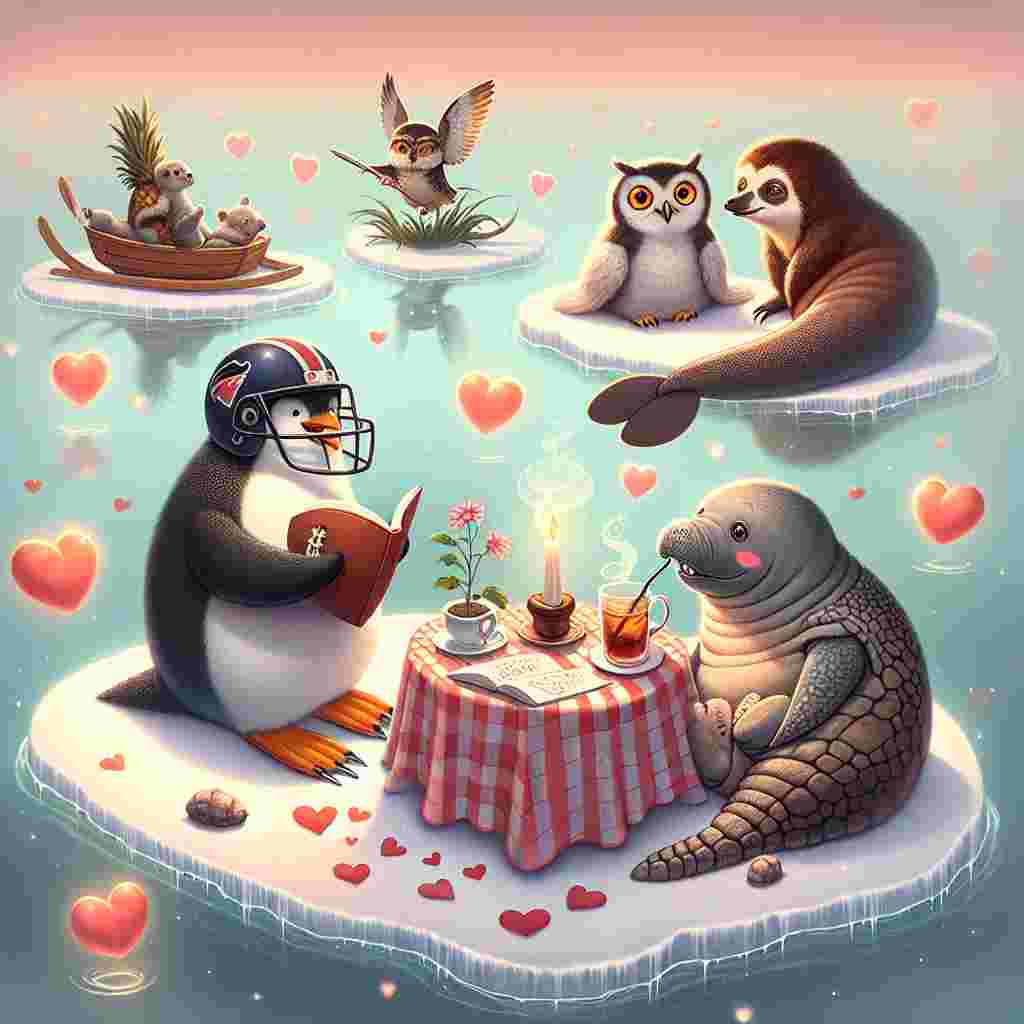 Picture an image where a quaint island floats in a dreamlike void. A penguin sporting an American football helmet skates on a heart-shaped frozen pond. Nearby, an owl wearing glasses and a manatee with blush on its cheeks are seated at a table with a checkered tablecloth, exchanging Valentine's Day notes. A steaming pot of tea rests on the table. Elsewhere on the island, an armadillo is engrossed in a love-themed novel, its body curled up comfortably. Numerous softly glowing hearts float around the scene, radiating an enchanted warmth. This peculiar yet charming tableau reflects the animal friends' unique celebration of Valentine's Day.
Generated with these themes: Owl, Manatee, Armadillo , Penguin , Tea , and NFL.
Made with ❤️ by AI.