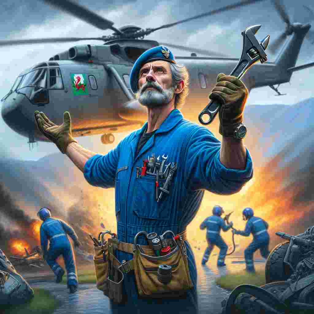 Create an image of a 50-year-old Welsh aircraft engineer, easily identified by his blue uniform and the spanner he holds in his hand that reflects his years of experience. His action of gratitude is conveyed with an intense serenity. Behind him, the scene contrasts with frantic activity as a helicopter is seen on fire. However, his contained calm despite the chaotic scene resonates the bravery in his spirit.
Generated with these themes: a 50 year old welsh male civilian aircraft engineer in blue uniform with a spanner in hand stood in front of a helicopter on fire.
Made with ❤️ by AI.