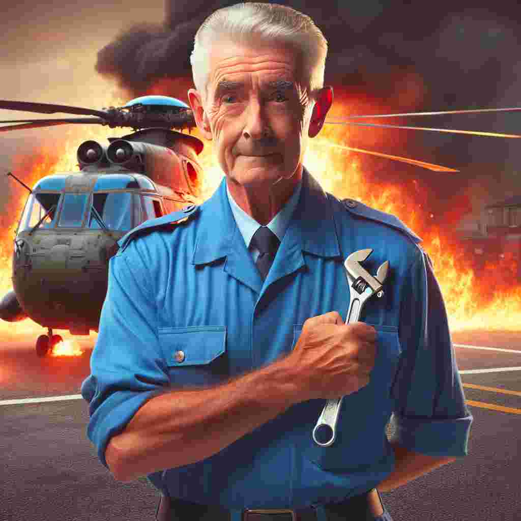 Create an image of a heartwarming scene portraying a 50-year-old Welsh male civilian aircraft engineer expressing gratitude. Standing in his crisp blue uniform and holding a spanner firmly in his hand, you can see his composed demeanor contrasting with the chaotic backdrop -- a helicopter consumed by flames.
Generated with these themes: a 50 year old welsh male civilian aircraft engineer in blue uniform with a spanner in hand stood in front of a helicopter on fire.
Made with ❤️ by AI.