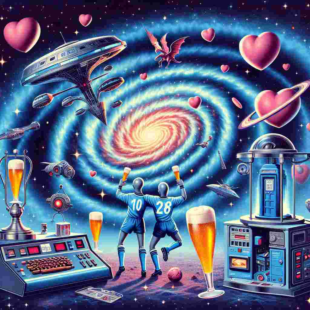 A playful Valentine's Day scene depicts an intergalactic football match amidst a spiralling nebula. Retro-futuristic elements akin to a classic British science fiction series mingle with the surroundings - an angular blue time-travel device and a hi-tech multifunctional gadget find their place within the tableau. Heart-shaped celestial bodies pepper the star-studded void, while a human-like alien pair dressed in football jerseys raise their glasses filled with bubbly ale. Their cheers echo the motif of cosmic love and fellowship.
Generated with these themes: Football, Dr who, beer.
Made with ❤️ by AI.