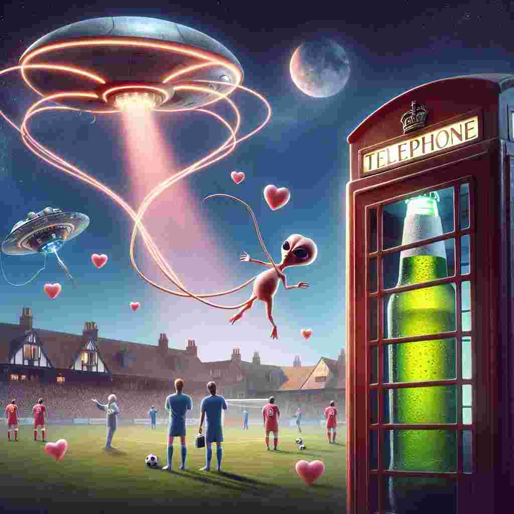 In this surreal, Valentine-themed scene, the silhouette of a vintage British telephone booth casts a romantic aura over a picturesque, alien tavern, where spectators dressed in soccer uniforms are charmed by the harmonious buzz of a gadget resembling a futuristic medical tool. Overhead, an enamored extraterrestrial being dispatches a beer bottle-shaped spacecraft, decorated with the wings of a cherub, flying towards a goalpost made of entwined hearts. This amalgamates ageless love with imaginary elements from a popular science fiction series and soccer festivity.
Generated with these themes: Football, Dr who, beer.
Made with ❤️ by AI.