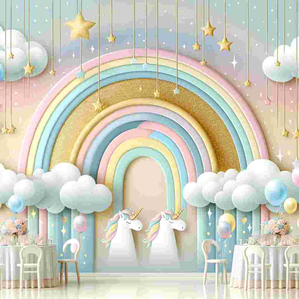 Create an imaginative scene with an abstract birthday theme. The setting should be filled with gentle arcs of pastel-hued rainbows spreading across the walls. There should also be mythical unicorns present, their manes gleaming with captivating shimmer. Additionally, whimsical clouds are seen floating near the ceiling, creating a jovial and wonder-filled atmosphere.
Generated with these themes: Rainbows , and Unicorns .
Made with ❤️ by AI.