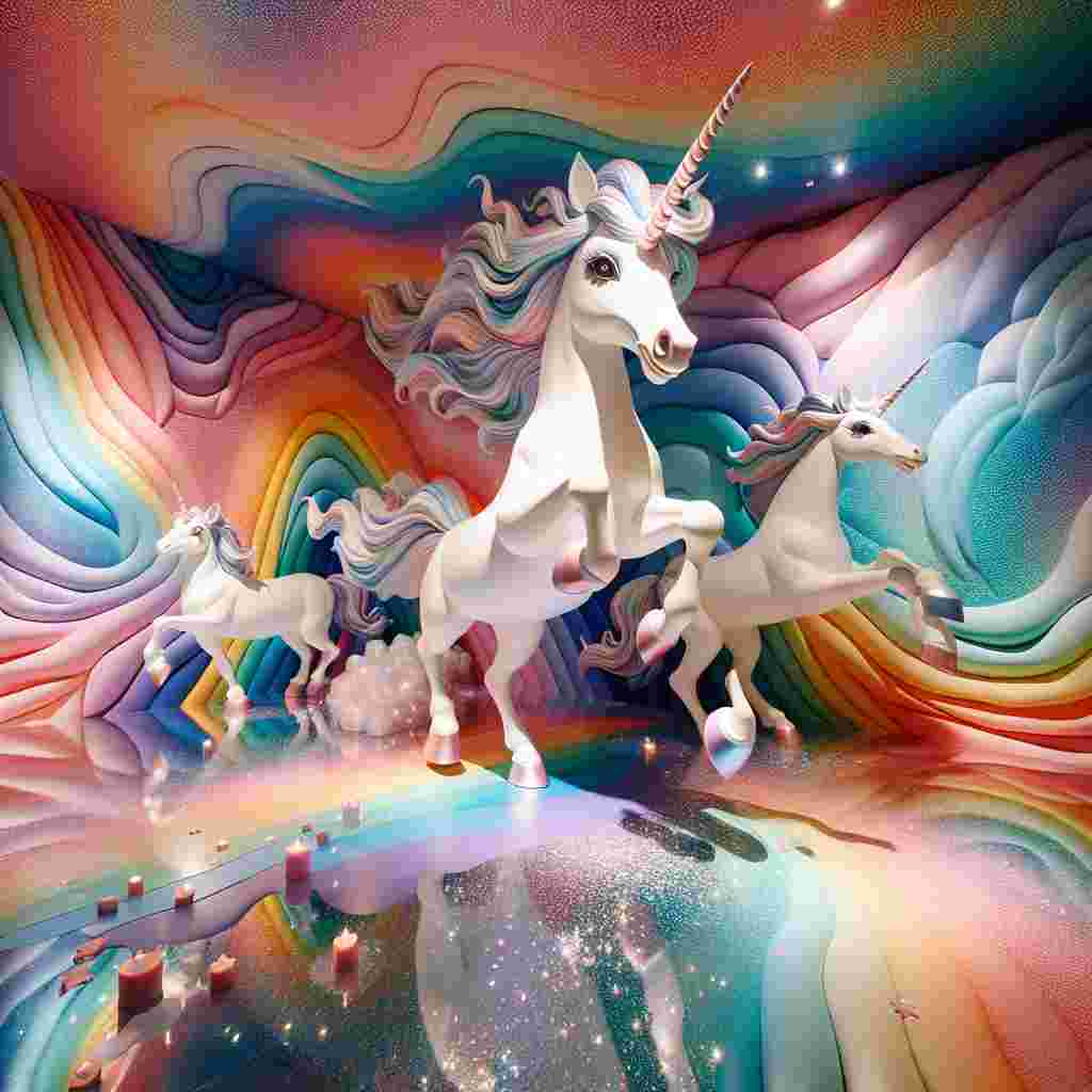 Imagine a room adorned with an abstract mosaic of soft rainbow colors, where colors flow into one another in a dreamy harmony. Lively unicorns frolic within this vibrant space, their eyes full of mischief and twinkling like stars. The shimmer in their silvery hooves leaves a scattering of sparkles in their wake. The space is further accentuated with joyful, birthday-themed decor adding to the spirited ambiance of this magical scene.
Generated with these themes: Rainbows , and Unicorns .
Made with ❤️ by AI.
