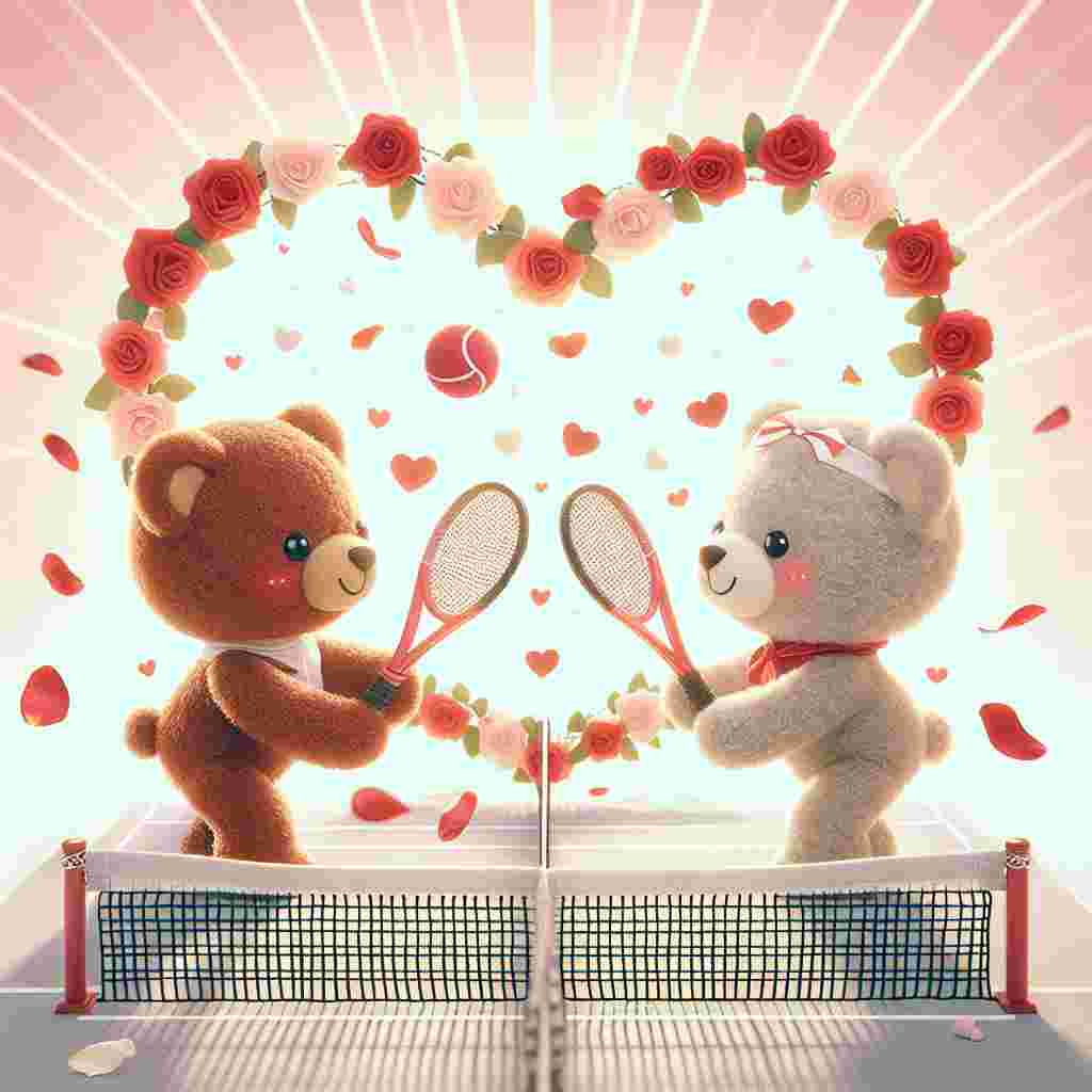 Create a whimsical Valentine's Day themed image featuring two cuddly teddy bears, one male and one female, of Asian and African descents respectively, engaged in a friendly game of tennis. The context for their game is a tennis court outlined with a flurry of rose petals. The net of the court should be fashioned from a garland of intertwined hearts. The tennis ball in the scene is designed to look like a blushing heart, and it is in mid-serve. The background of the image should radiate with a soft, pastel gradient promoting a sense of love and joy.
Generated with these themes: Tennis.
Made with ❤️ by AI.